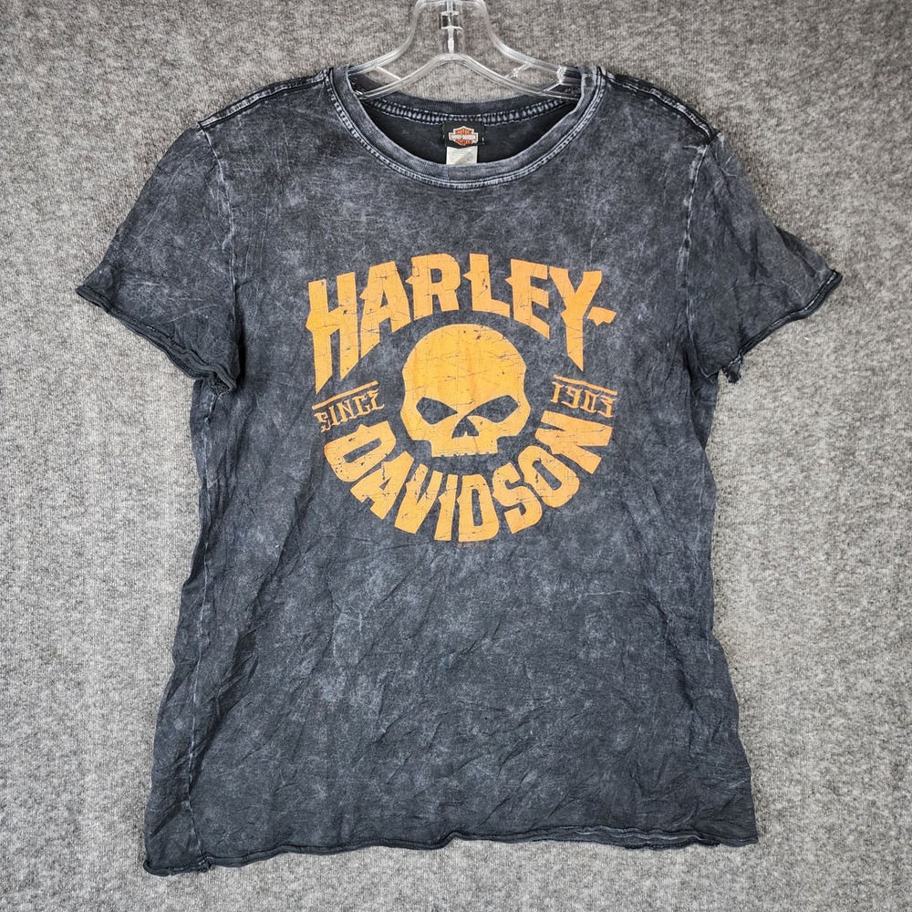 Harley Davidson Graphic T-Shirt Womens L Black Acid‎ Wash Shrunken Skull Eagle